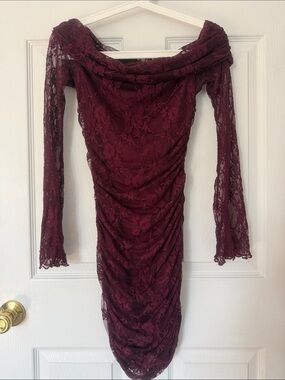 SHEIN Burgundy Off-Shoulder Lace Long Sleeve Ruched Dress Size S!